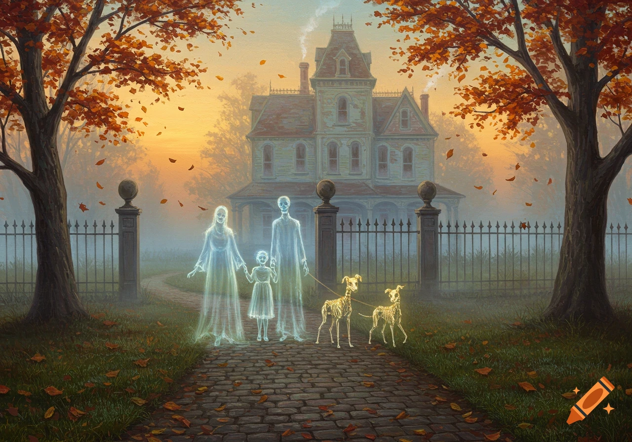 Ghost family and skeleton dogs on a path leading to an old house, surrounded by autumn trees, in an oil painting style.