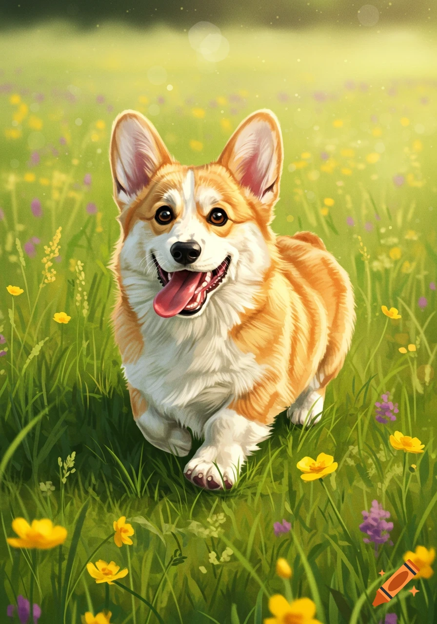 A vibrant digital illustration of a happy corgi running through a sunny green field with yellow and purple wildflowers.