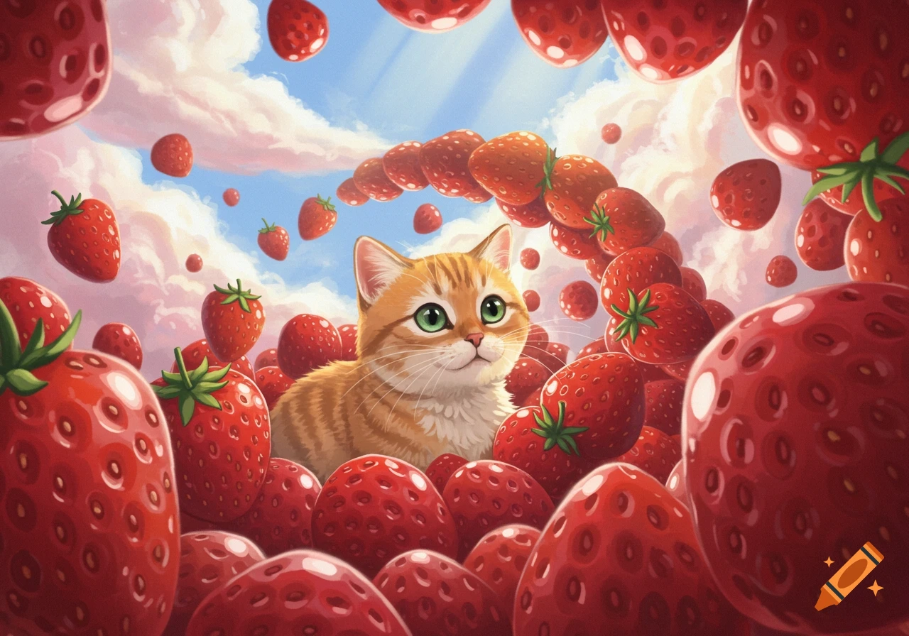 A cute ginger cat with green eyes sits among many strawberries, with more strawberries floating in a pink and blue sky.