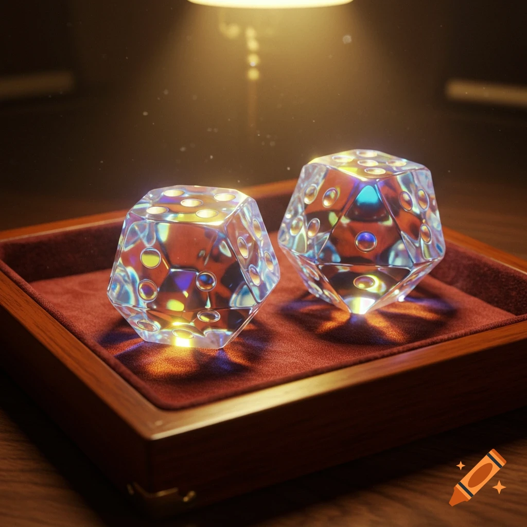 Two iridescent crystal dice in a red velvet-lined wooden box, illuminated by a warm light.