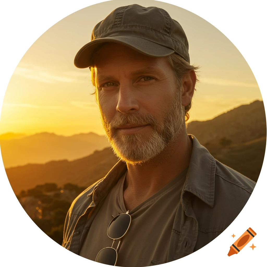 A confident man with a beard and cap against a golden sunset over mountains.