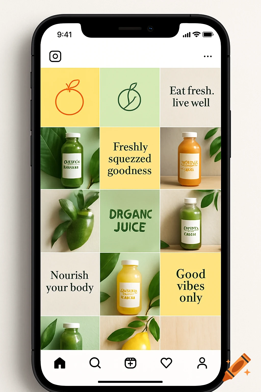 Professional mockup of an Instagram feed for an organic juice bar on a smartphone, featuring colorful squares with fruit logos, wellness quotes, and juice bottles.