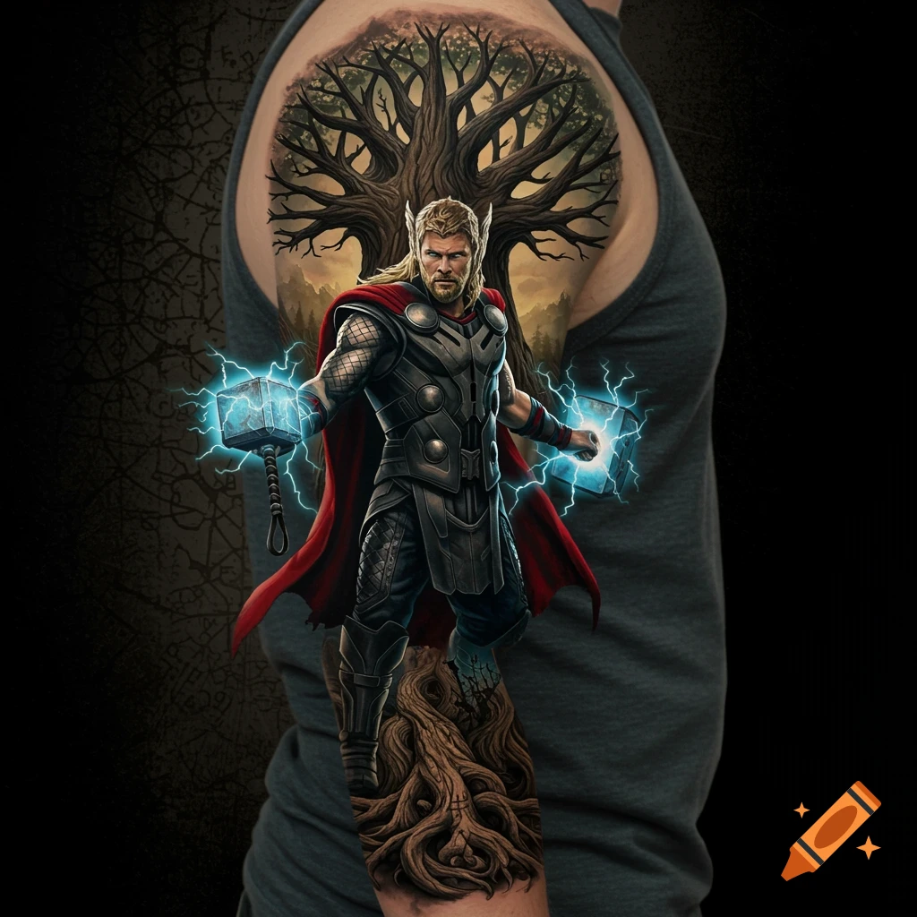 A vibrant sleeve tattoo on an arm depicts Thor in armor with Mjolnir and lightning, emerging from the roots of the World Tree Yggdrasil.