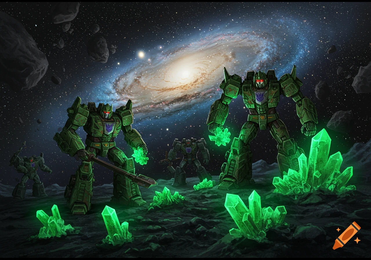 Green Decepticon Transformers mining glowing green crystals on an asteroid with a vast spiral galaxy in the background.