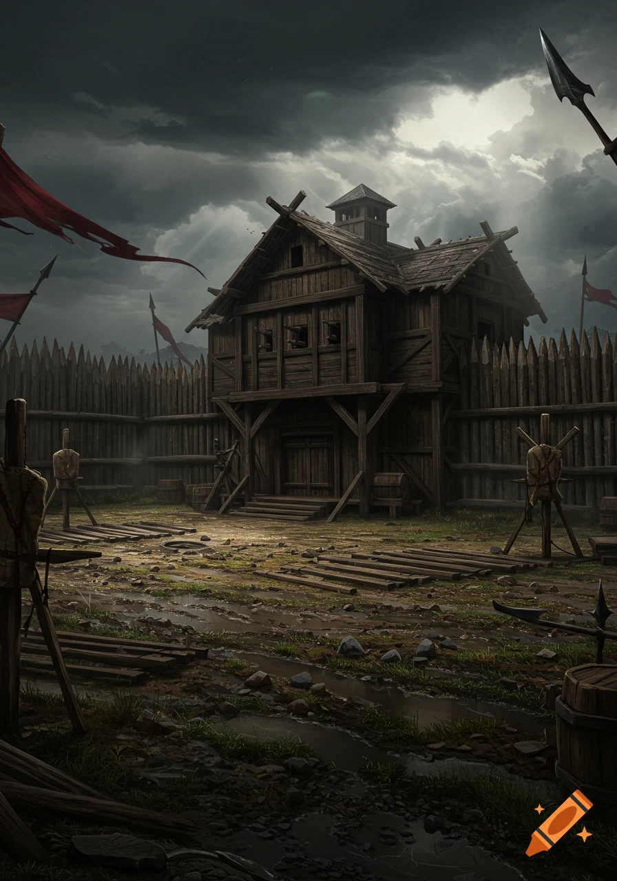 A dark fantasy medieval wooden barrack and training yard with palisades under a cloudy sky.
