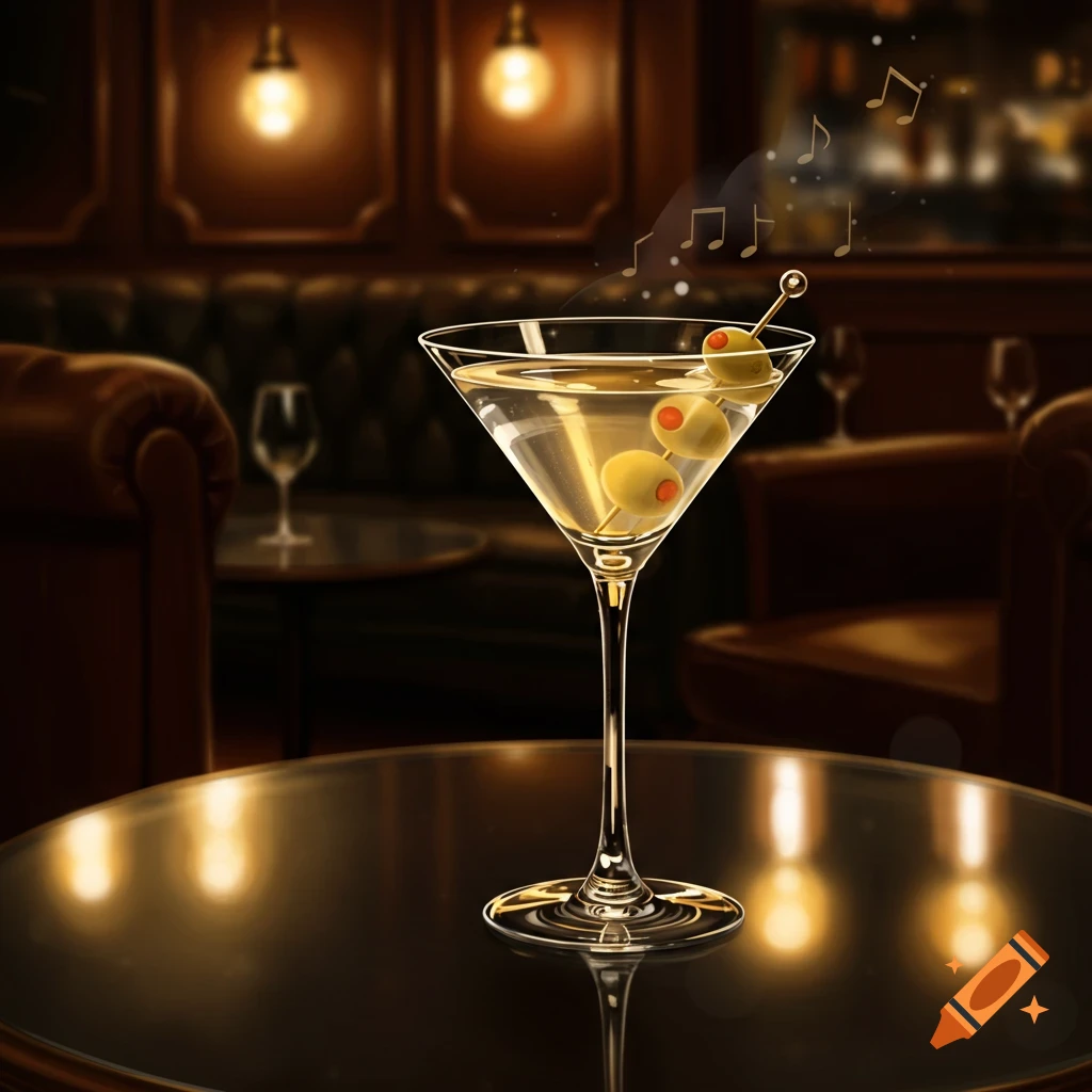 Photorealistic image of a martini glass with olives on a dark, reflective table in a dimly lit bar, with musical notes floating above.