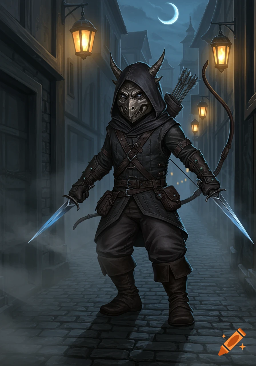 A detailed fantasy illustration of a rogue character wearing a hooded cloak and bird-like mask, holding glowing daggers in a dark alley.