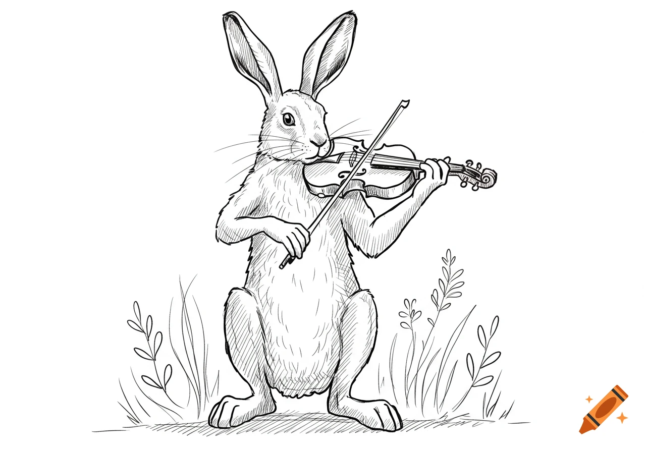 A line drawing of a hare playing a violin.