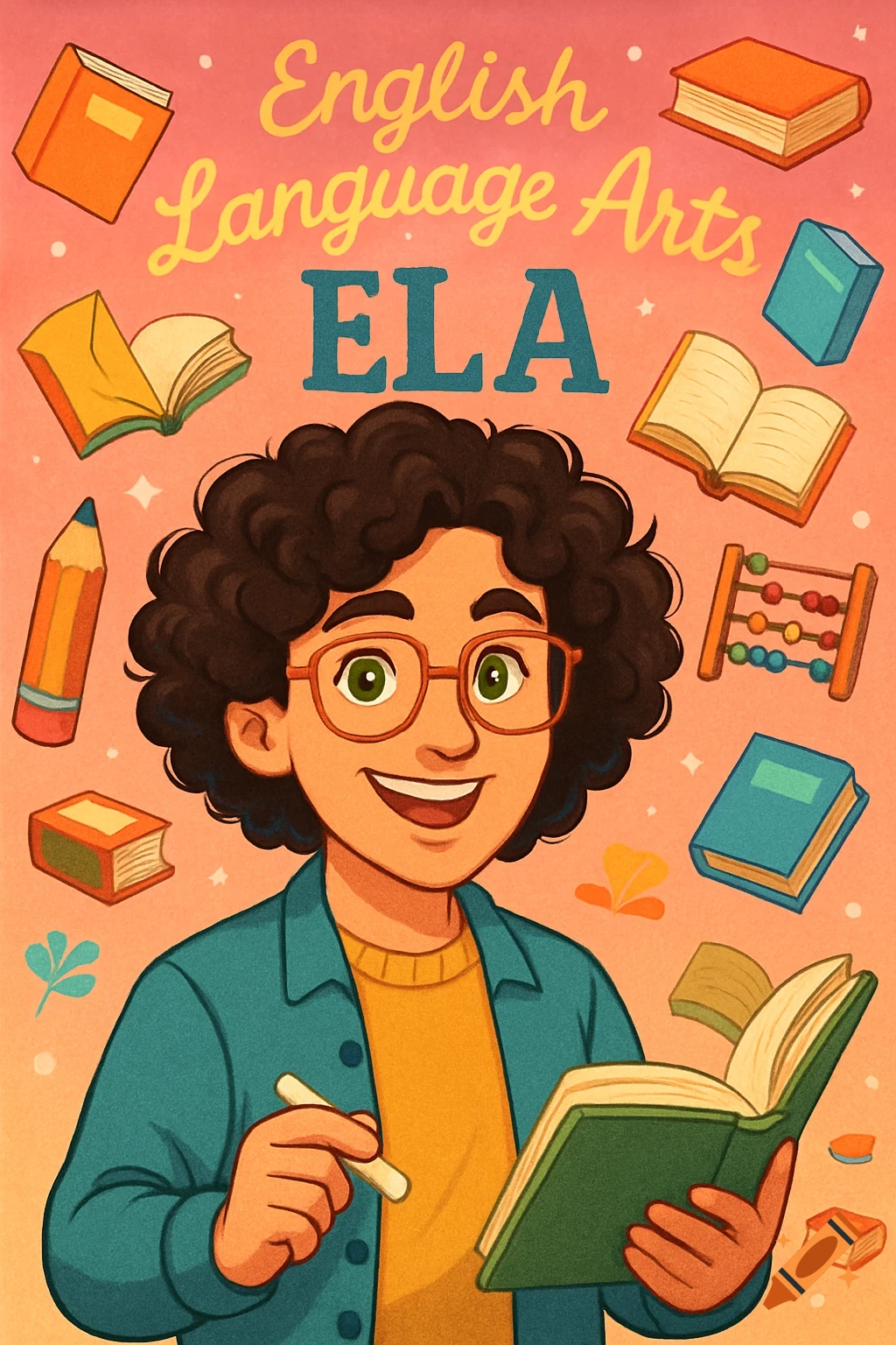 Cartoon illustration of a smiling teacher with curly hair and glasses, holding a book, surrounded by books and school supplies. Text reads "English Language Arts ELA" on a pink background.
