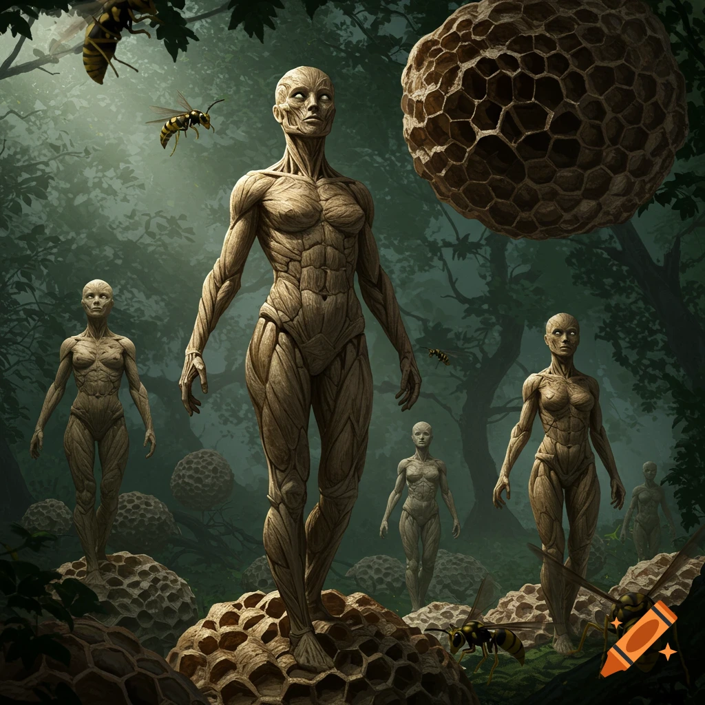 Humanoid figures made of wasp nests stand in a dark, misty forest, with large honeycomb structures and wasps flying around them.