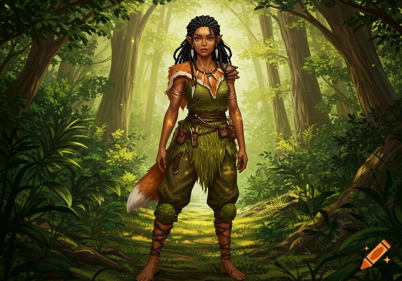 A female fantasy character with dark skin, braided hair, pointed ears, and a fox tail, dressed in earthy tones, stands in a lush forest.