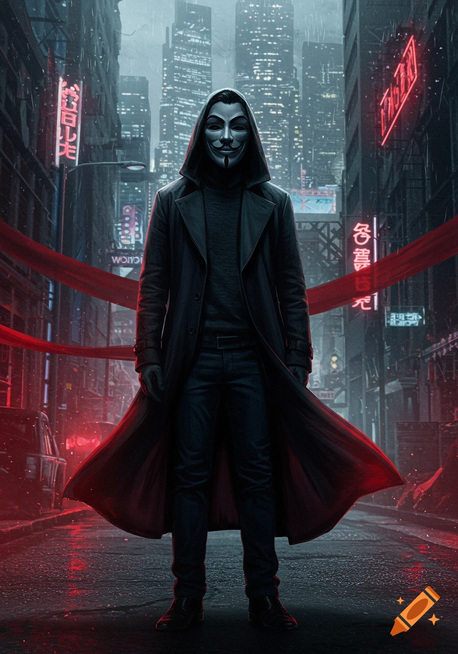 A masked figure in a trench coat stands on a rainy, neon-lit cyberpunk street with red ribbons.