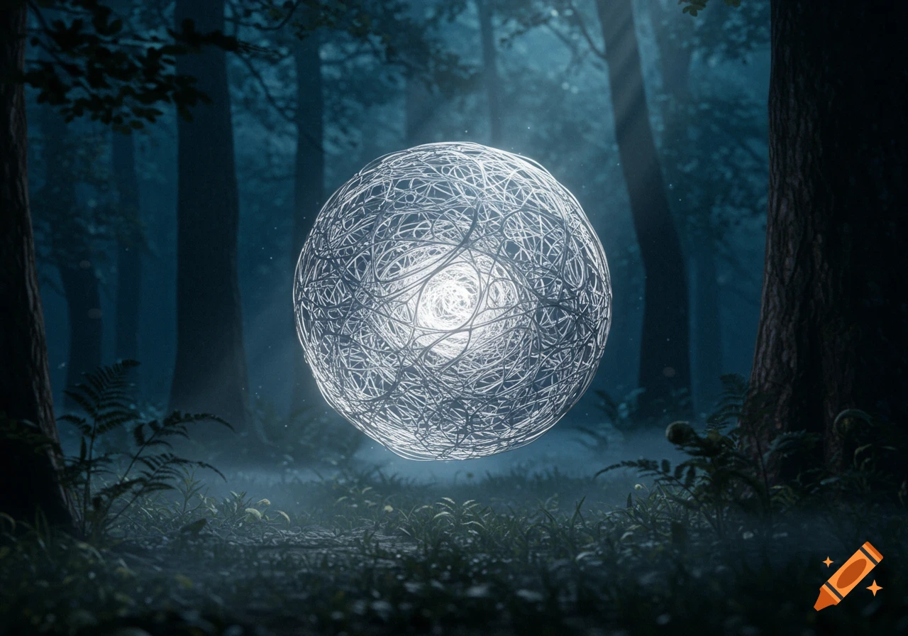 A glowing, intricate sphere of interwoven lines floats in a misty, dark forest with light beams.