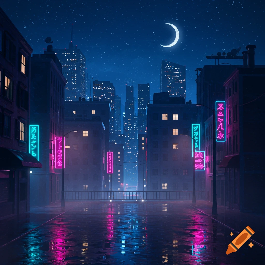 A dark city street at night, illuminated by glowing blue and pink neon signs reflecting on the wet pavement under a starry sky and a crescent moon.