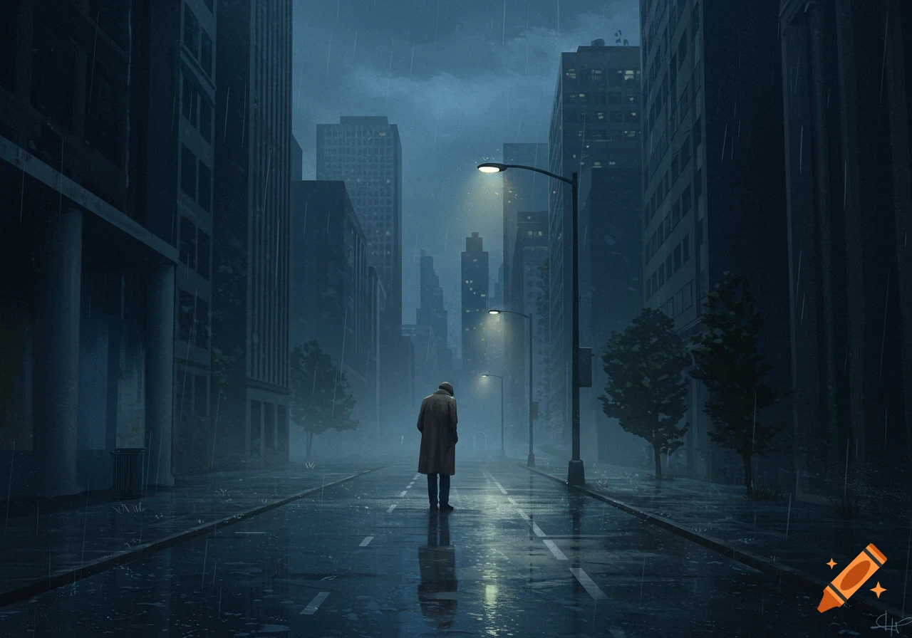A lone figure walks down a dark, rainy city street at night, with streetlights illuminating the wet pavement and surrounding tall buildings. Atmospheric.