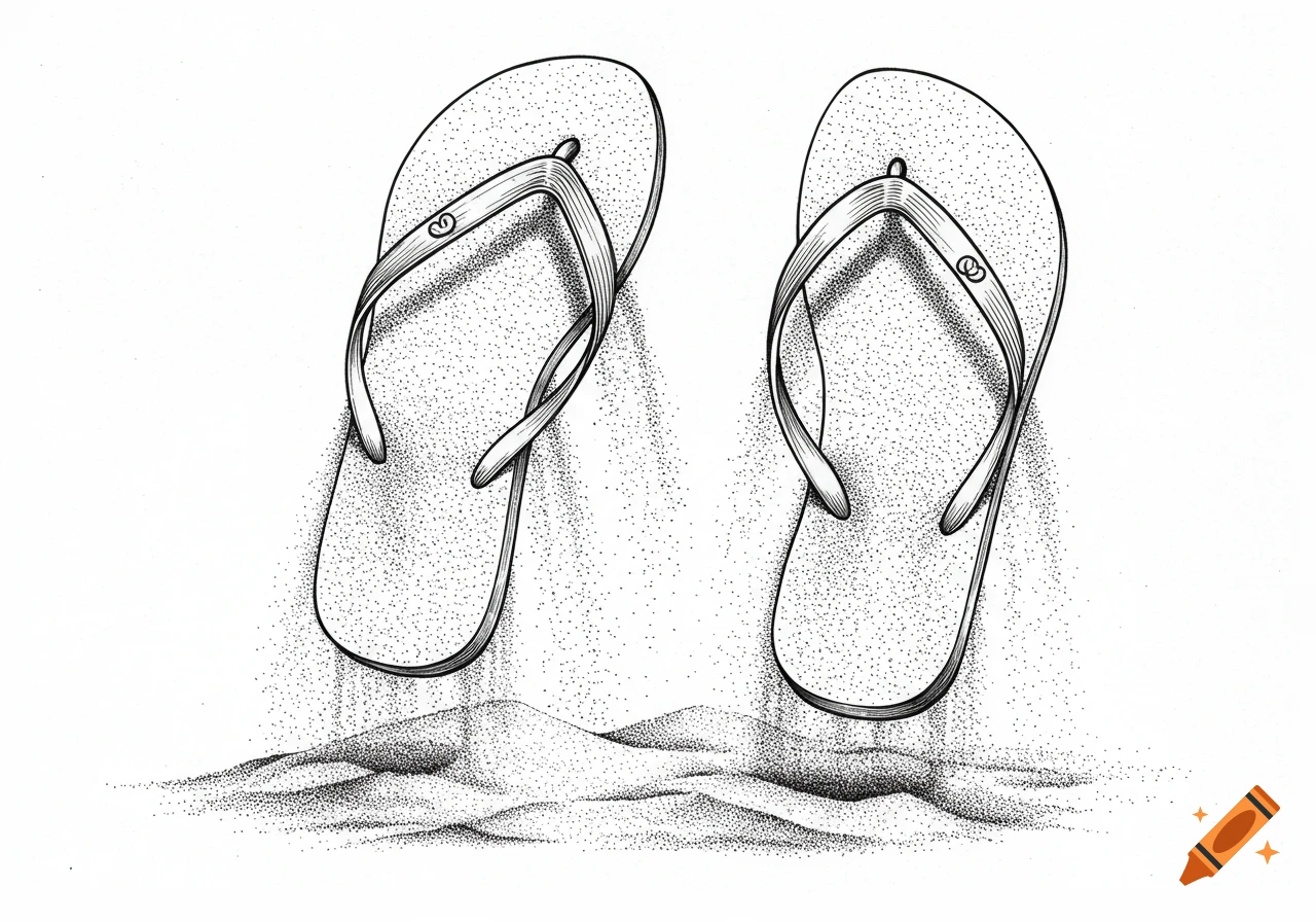 Black and white line art illustration of two flip-flops kicking up sand against a white background.
