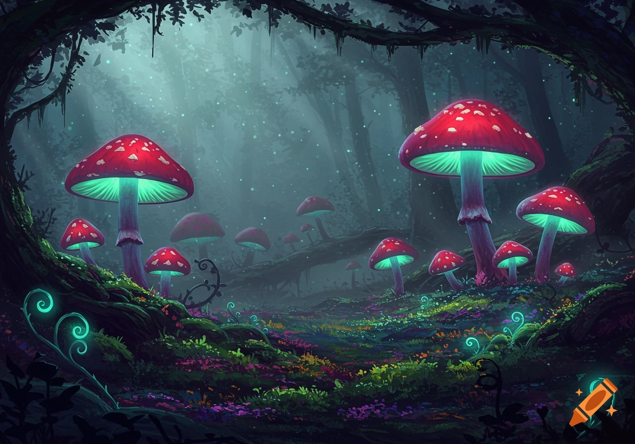 A vibrant fantasy forest scene with large, glowing red and turquoise mushrooms under a misty, light-filled canopy.