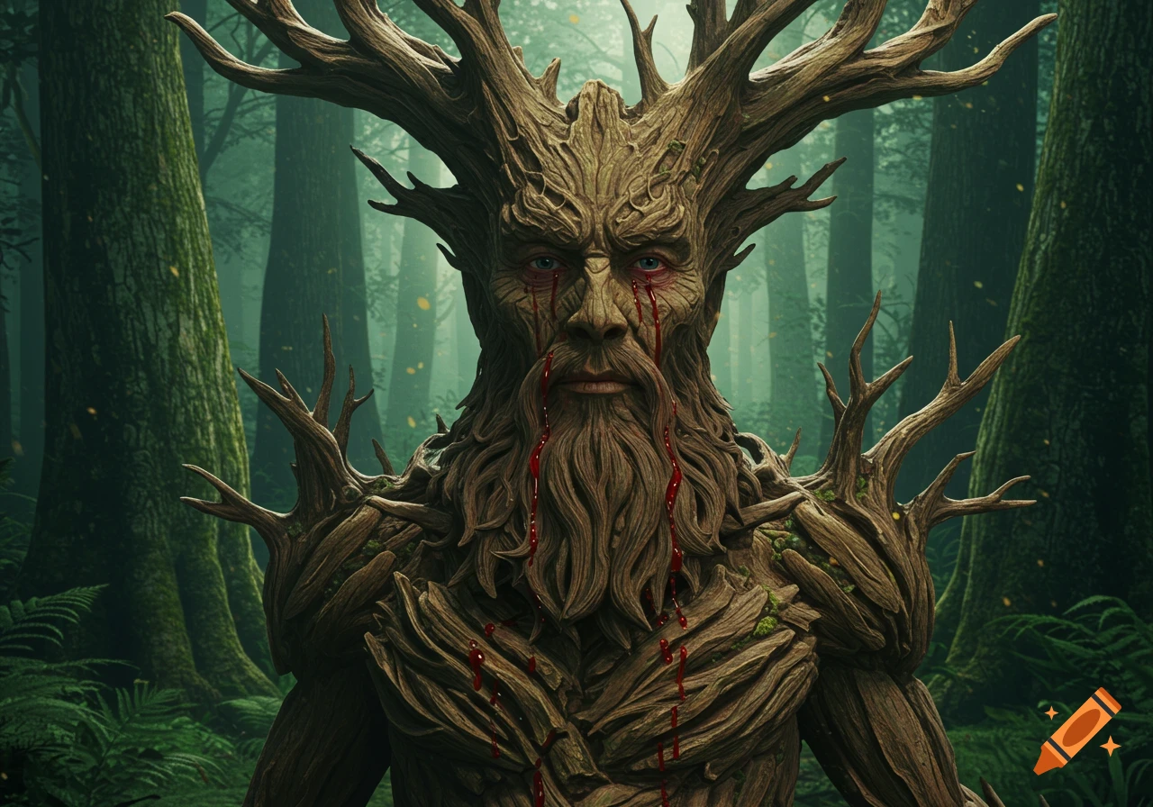Photorealistic image of a tree god with a bark face and branches as antlers, bleeding from eyes and beard, in a deep forest.