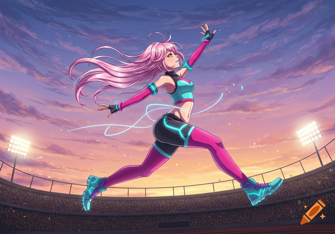 Anime girl with long pink hair jumping mid-air in a stadium, wearing vibrant pink and teal athletic gear, at sunset.