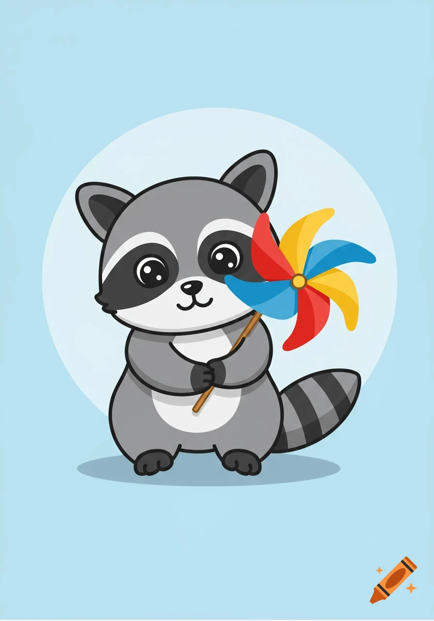 A cute cartoon baby raccoon holds a colorful pinwheel against a light blue background with a white circle behind it.