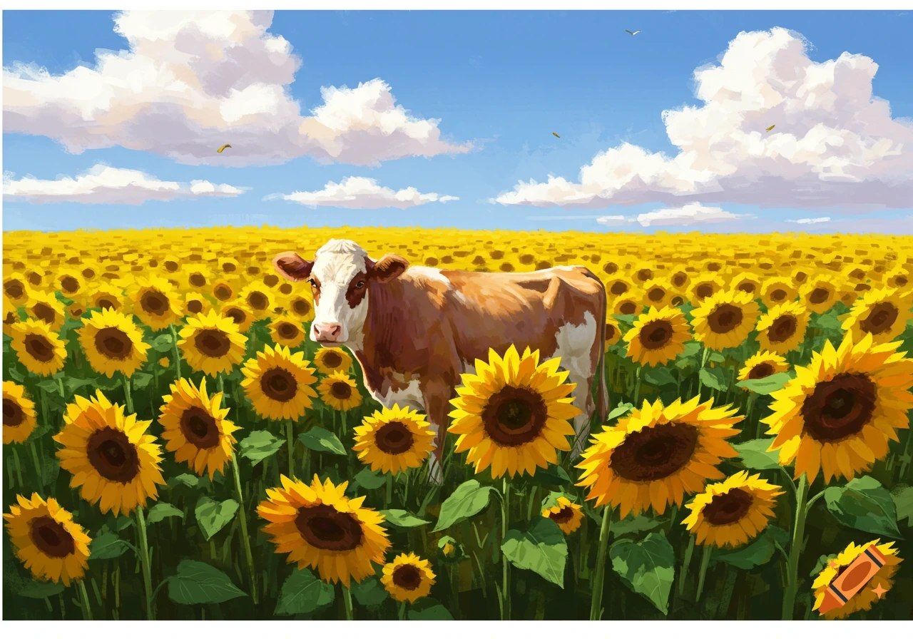 A brown and white cow stands in a field of bright yellow sunflowers under a blue sky with white clouds in a painterly style.