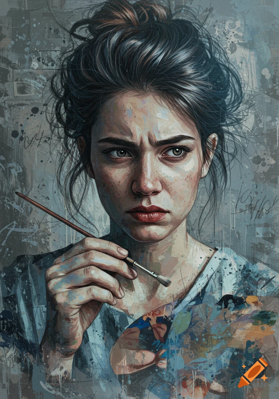 A stylized portrait of a woman artist with a concerned expression, holding a paintbrush and palette, in an abstract collage style with muted blues and grays.