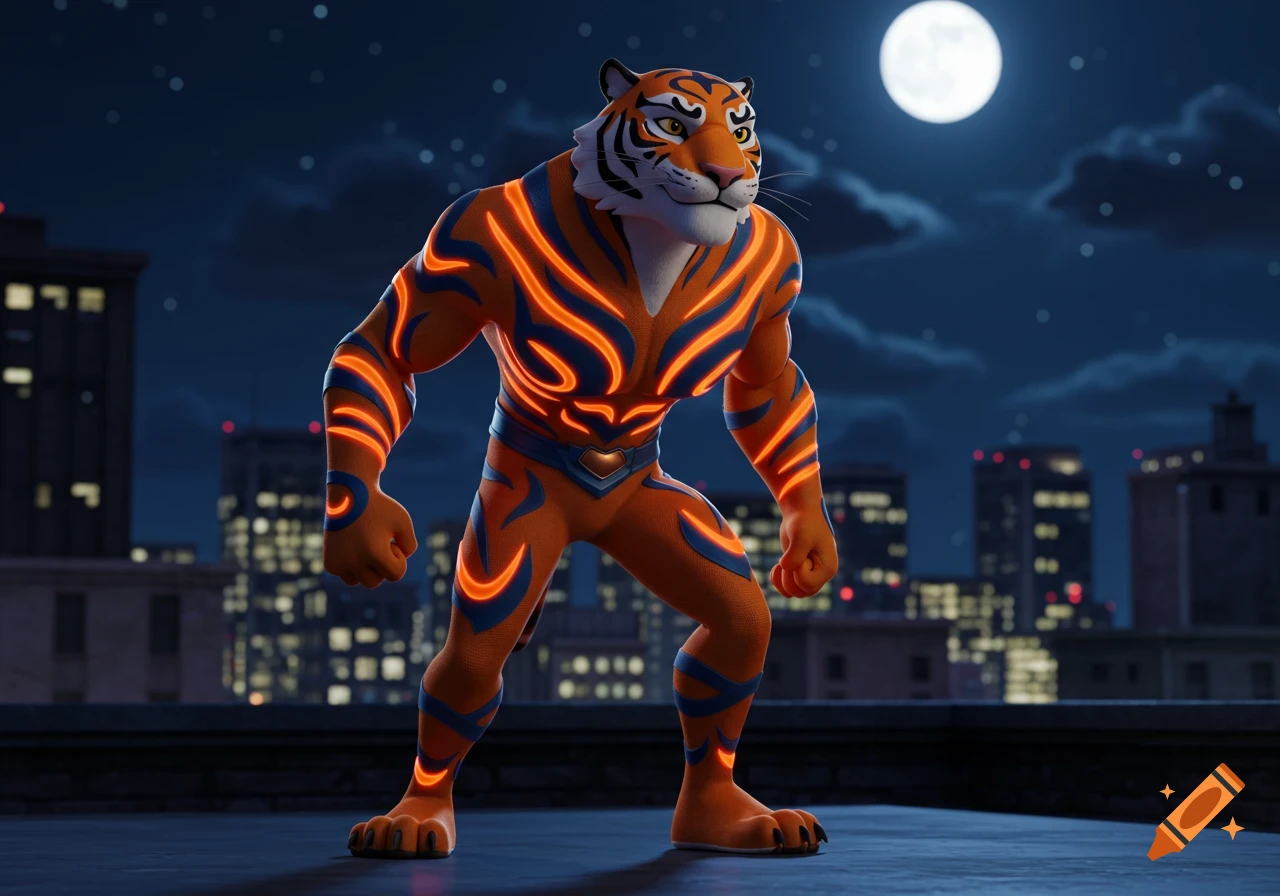 A 3D animated humanoid tiger superhero in an orange and blue suit with glowing stripes stands on a city rooftop at night under a full moon.