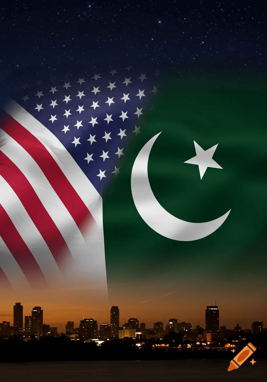 A vertical split image showing the US flag on the left and the Pakistan flag on the right, above a city skyline at sunset with a starry night sky.