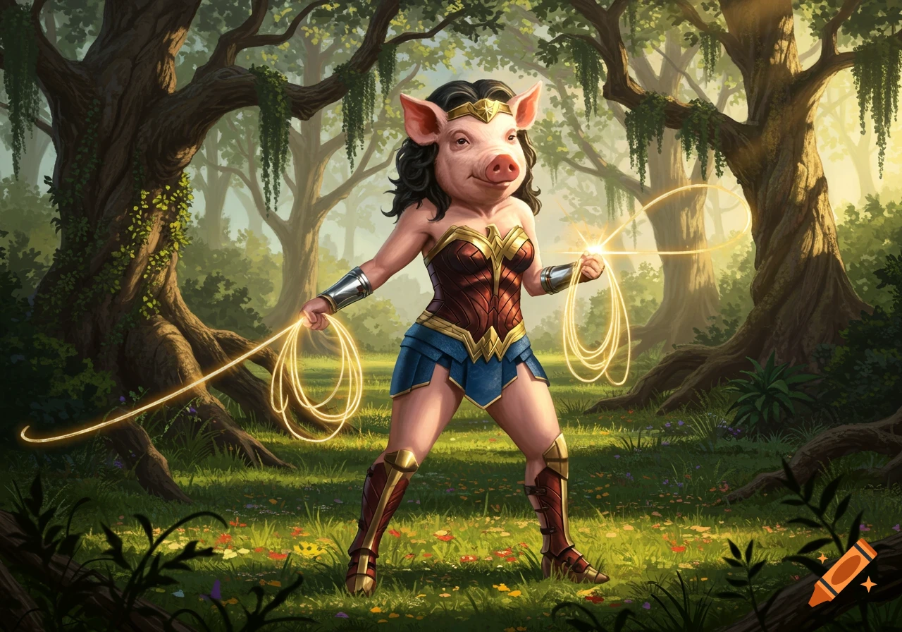 A pig-human hybrid dressed as Wonder Woman stands in a lush forest holding a glowing lasso.