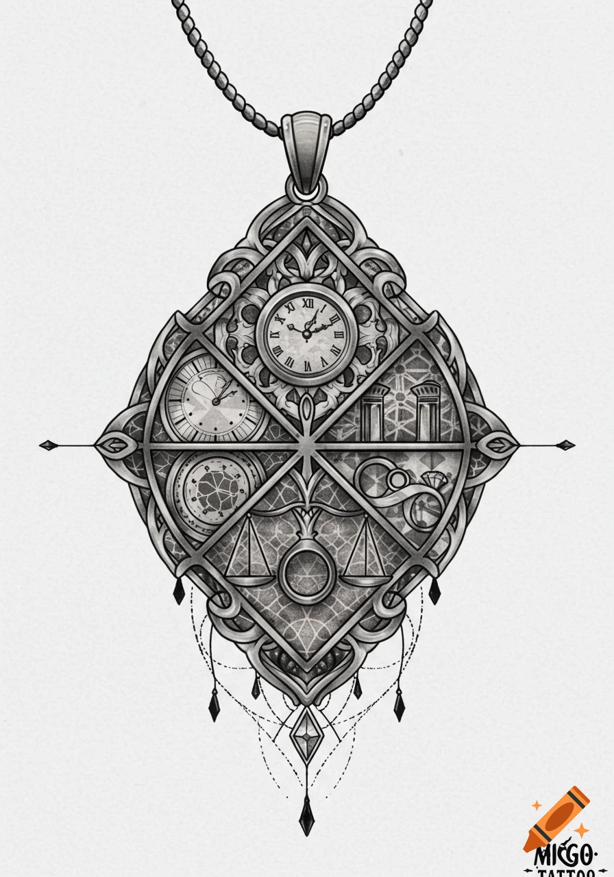 Detailed grayscale geometric tattoo design of an ornate pendant with clock faces, scales, and rings.