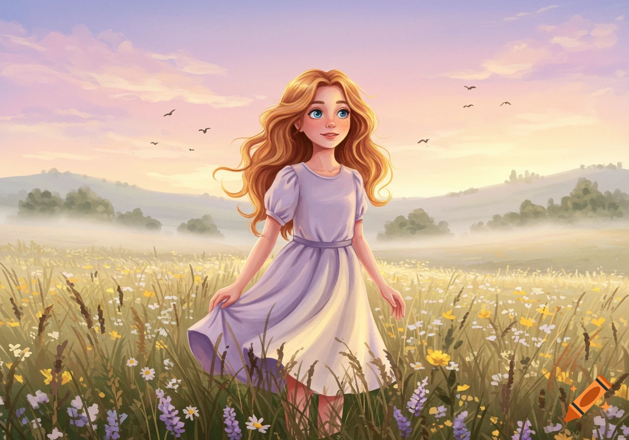 A young girl with long wavy blonde hair and a lavender dress stands in a field of wildflowers at sunrise. Illustration.