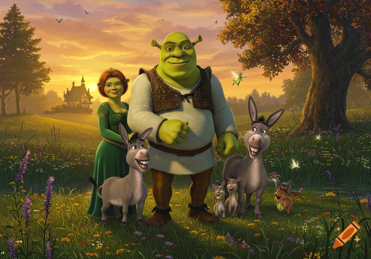 Shrek, Fiona, Donkey, and his family stand in a vibrant green field with wildflowers at sunset, a house visible in the distance.