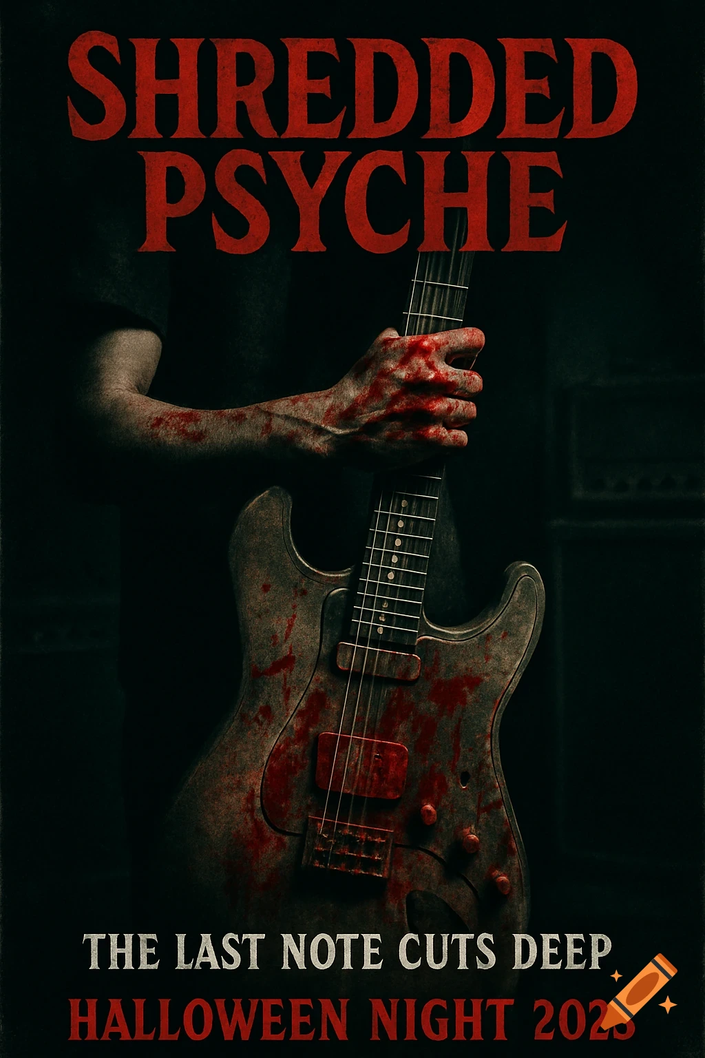 A horror movie poster featuring a person holding an electric guitar splattered with blood.