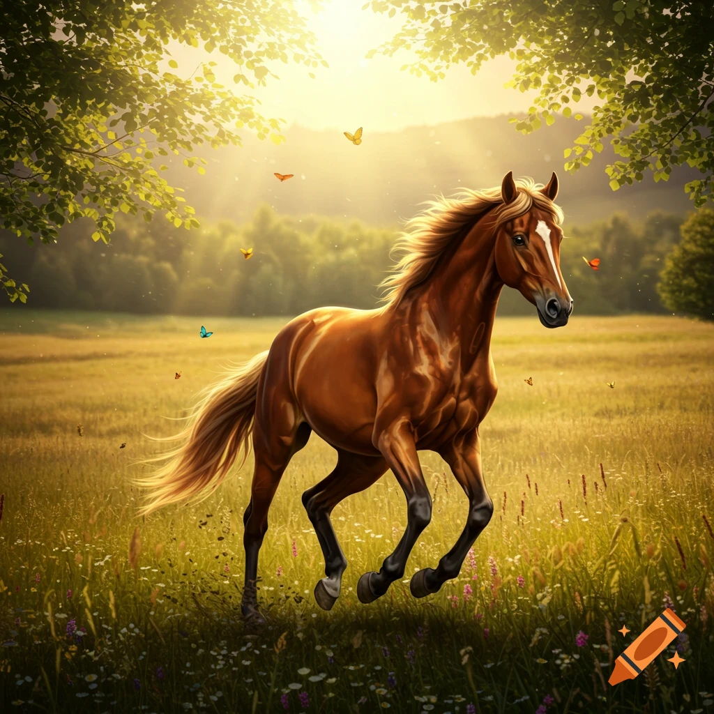 A vibrant brown horse with a flowing mane trots through a sunlit, grassy field with colorful flowers and trees.