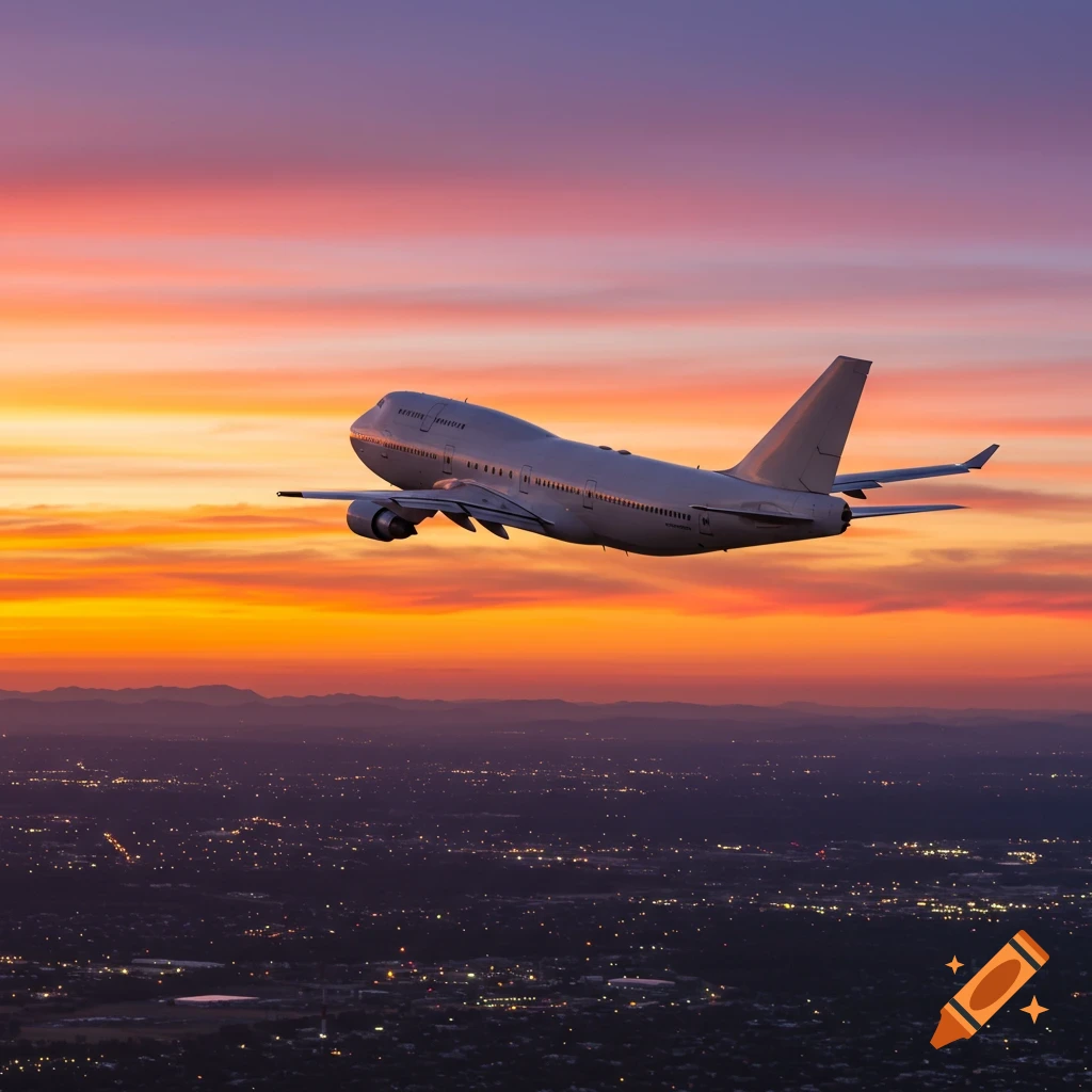 A large airplane flies over a city with glowing lights at dusk, silhouetted against a vibrant orange and purple sunset sky.