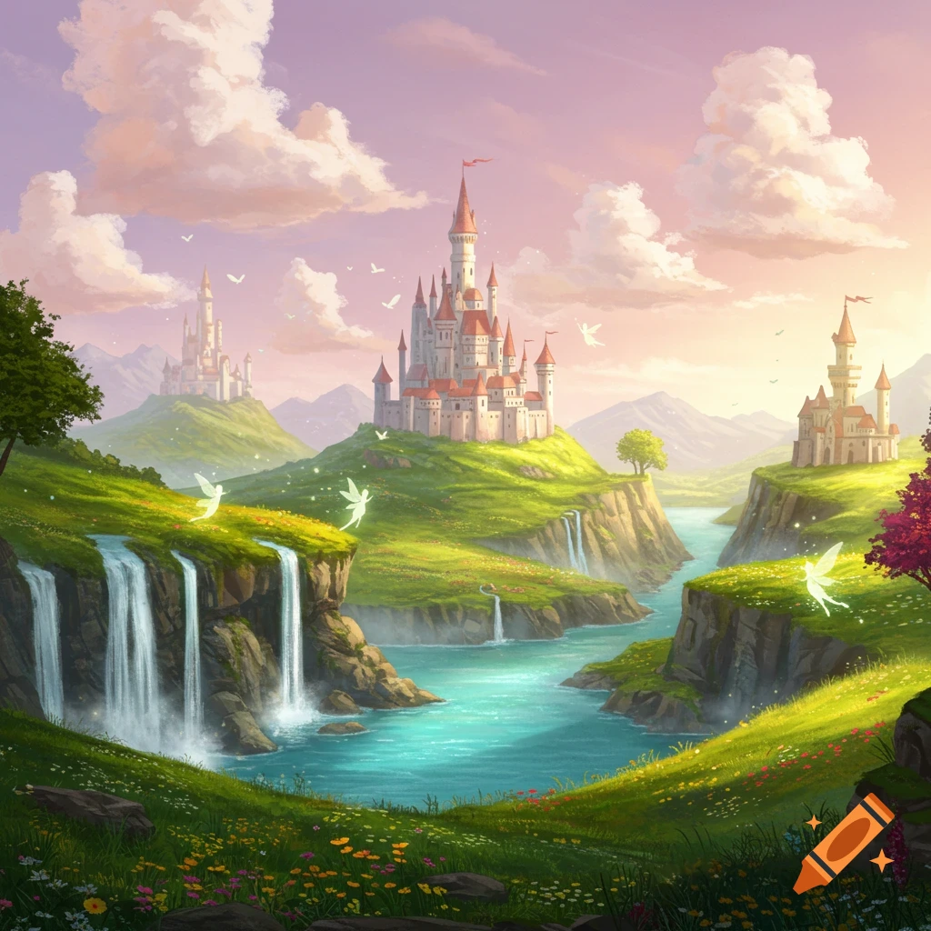 Dreamlike fantasy landscape with majestic castles, lush green hills, winding rivers, cascading waterfalls, and glowing fairies under a vibrant sky.