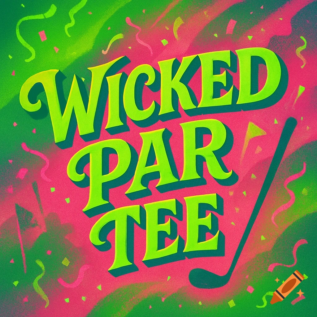 Vibrant neon green and pink graphic with stylized text "Wicked Par Tee" and a golf club silhouette.