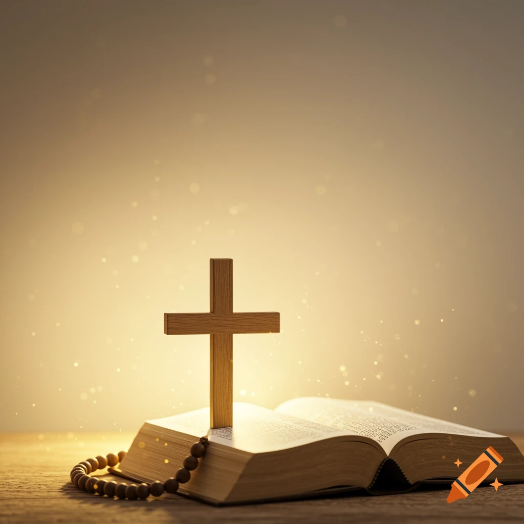 A wooden cross stands on an open Bible with a rosary beside it, illuminated by golden light and sparkling particles.