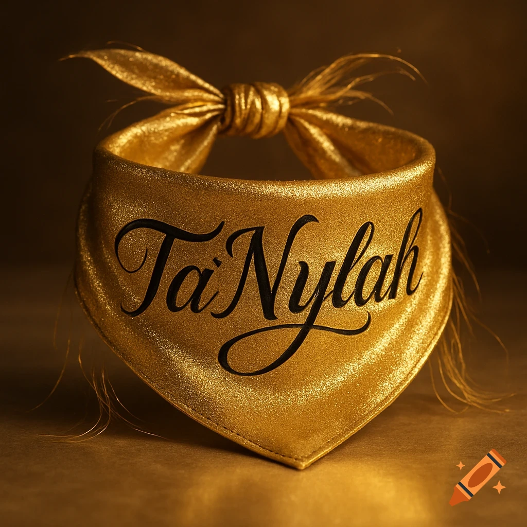 A close-up shot of a glittering gold bandana with the name 'Ta'Nylah' in fancy black script.