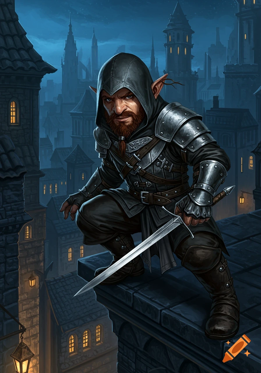 A gnome assassin in dark armor and a hood crouches on a moonlit rooftop, holding a short sword, overlooking a medieval city.