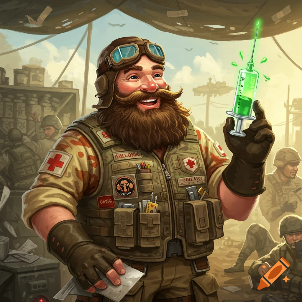 A smiling, bearded combat medic wearing goggles and a military vest holds a glowing green syringe in a tented base with other soldiers in the background. Illustration style.