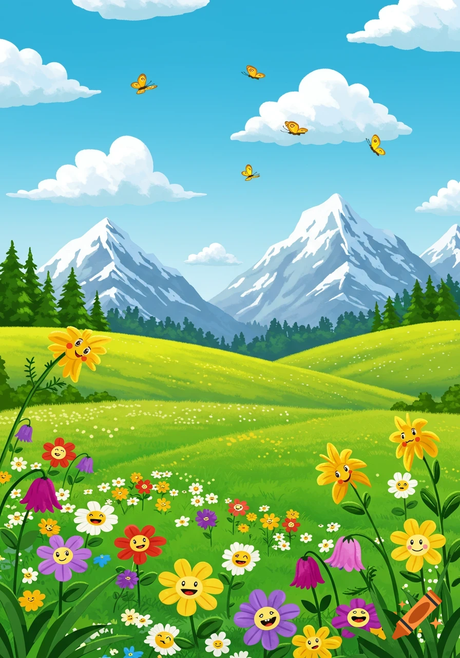 A vibrant cartoon landscape of a green meadow with happy flowers, mountains in the background, and butterflies flying under a blue sky.