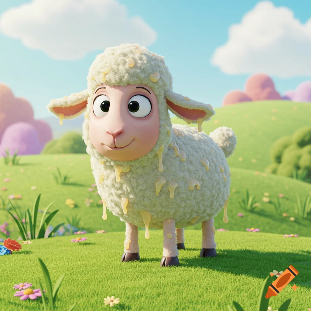 A cute cartoon lamb covered in yellow drips stands in a green, flower-filled field under a blue sky.