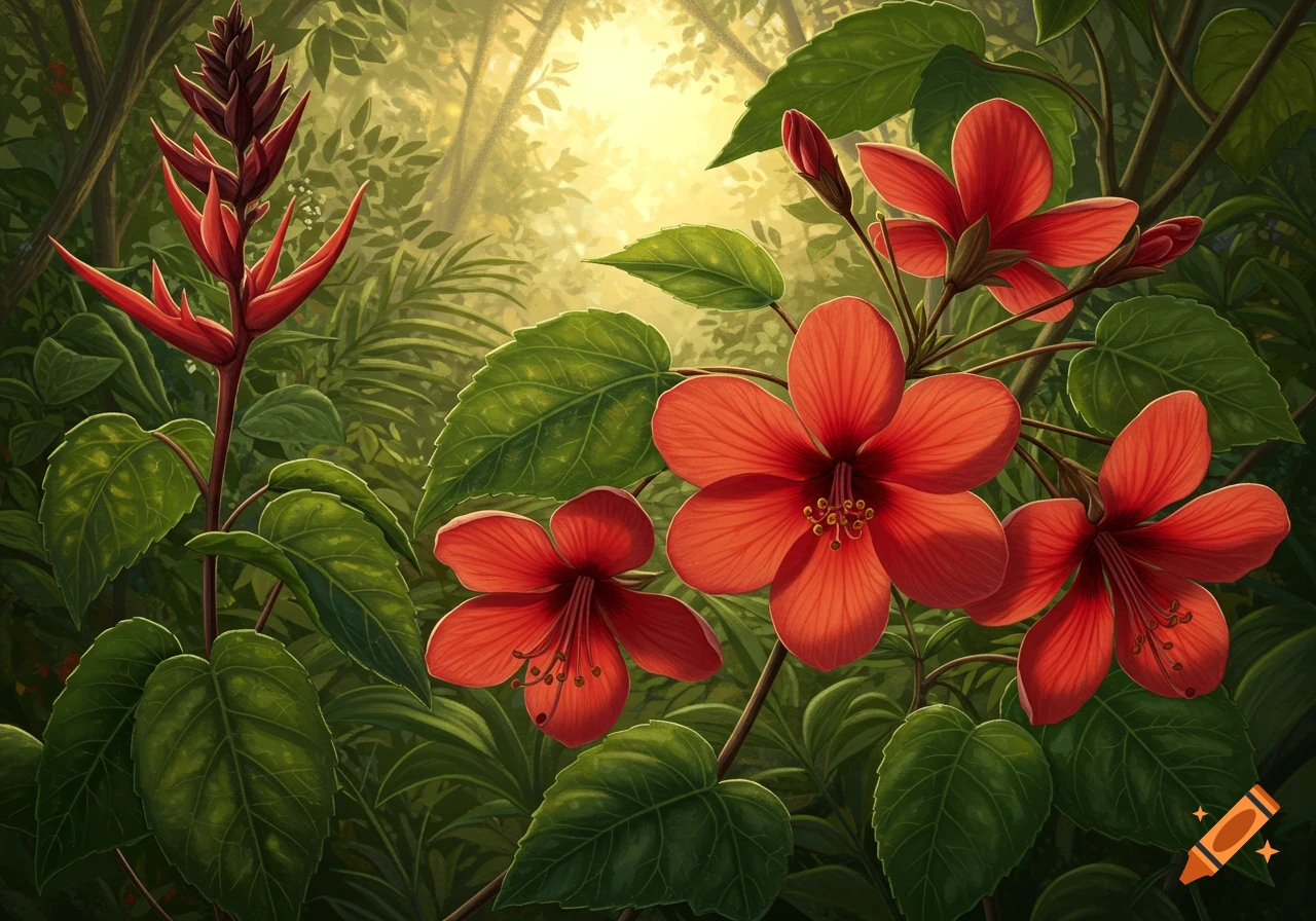 An illustration of vibrant red tropical flowers and a tall red bloom among lush green leaves, bathed in warm sunlight filtering through a jungle canopy.