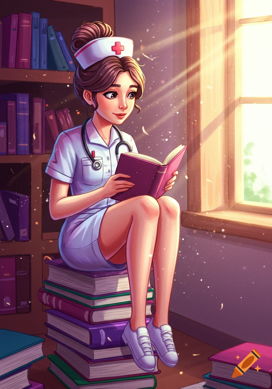 An illustration of a young nurse with a messy bun and stethoscope, sitting on a tall stack of textbooks, reading a book by a sunlit window.