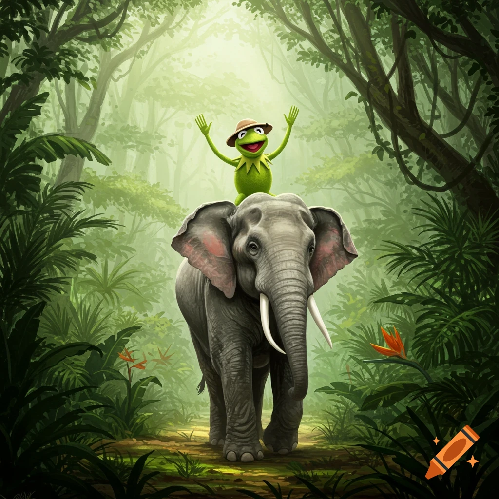 Kermit the Frog riding an elephant through a lush, sunlit jungle path.