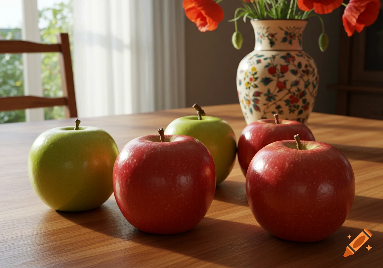 A photorealistic still life featuring red and green apples on a wooden table, with a decorative vase of red poppies in the background, illuminated by natural light from a window.