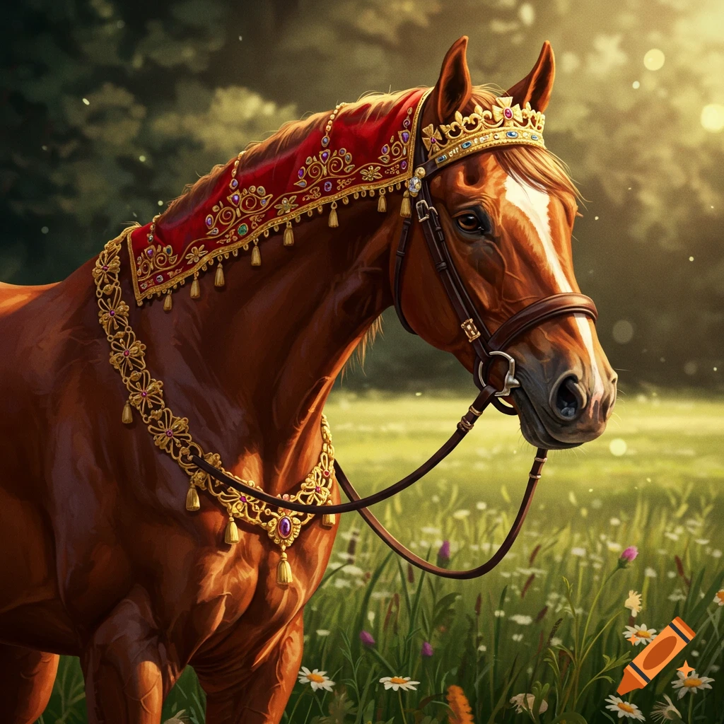 A majestic brown horse wearing an ornate red royal cap and golden crown stands in a sunlit green field with wildflowers.