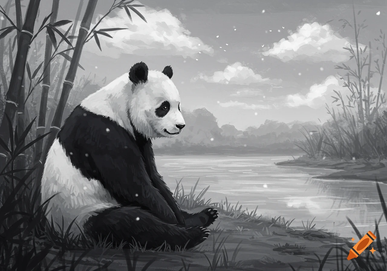 Black and white illustration of a panda sitting by a river with bamboo in the background.