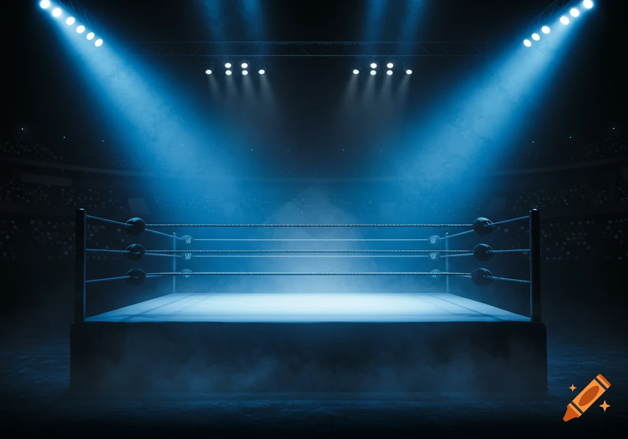 An empty wrestling ring bathed in dramatic blue spotlights within a dark stadium.